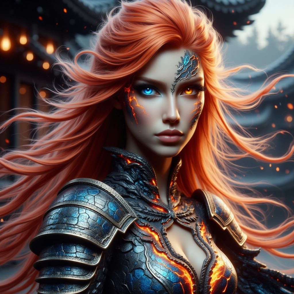 Samurai Woman in Fiery Armor Amidst Japanese Ambiance