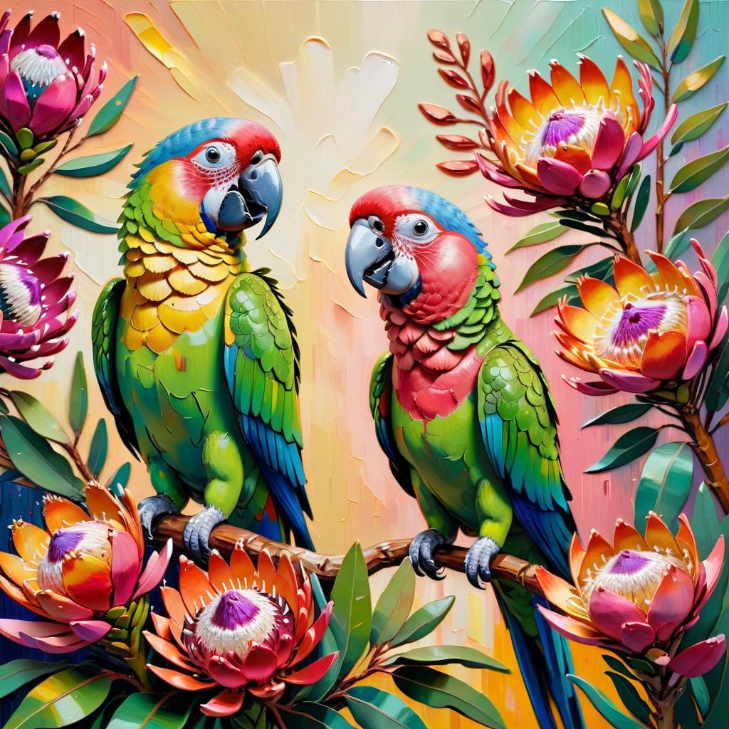 Parrots and Proteas Still Life in Impasto Oil Painting