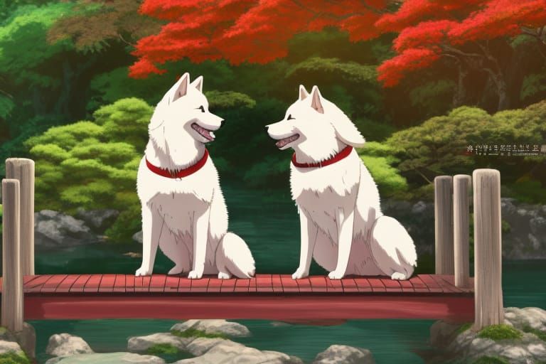 Akita Dogs in Japanese Garden, Ghibli Style