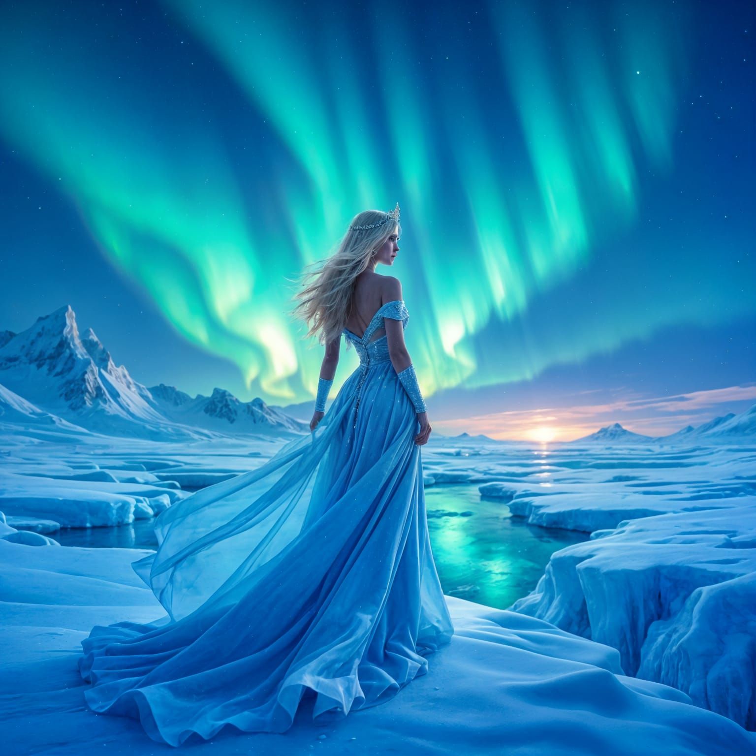 Regal Queen in Ice Blue Dress Under Aurora Borealis