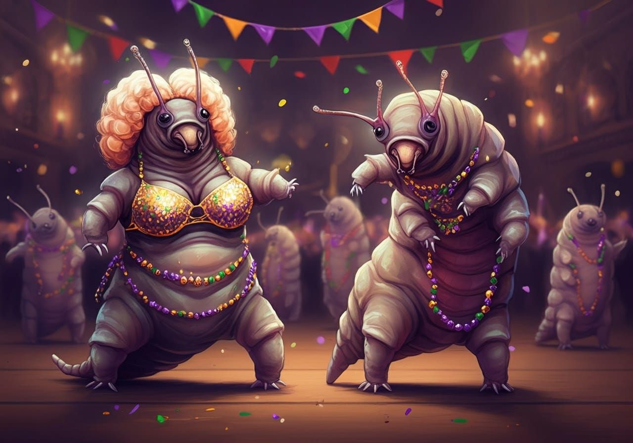 Tardigrades Celebrate Mardi Gras: A Digital Art Spectacle