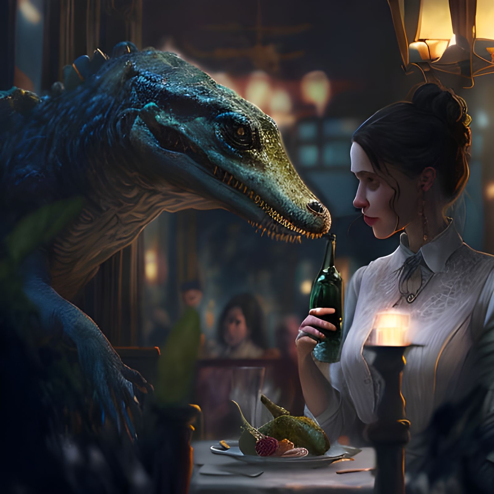 Alligator's Romantic Date in Restaurant, Detailed Matte Pain...