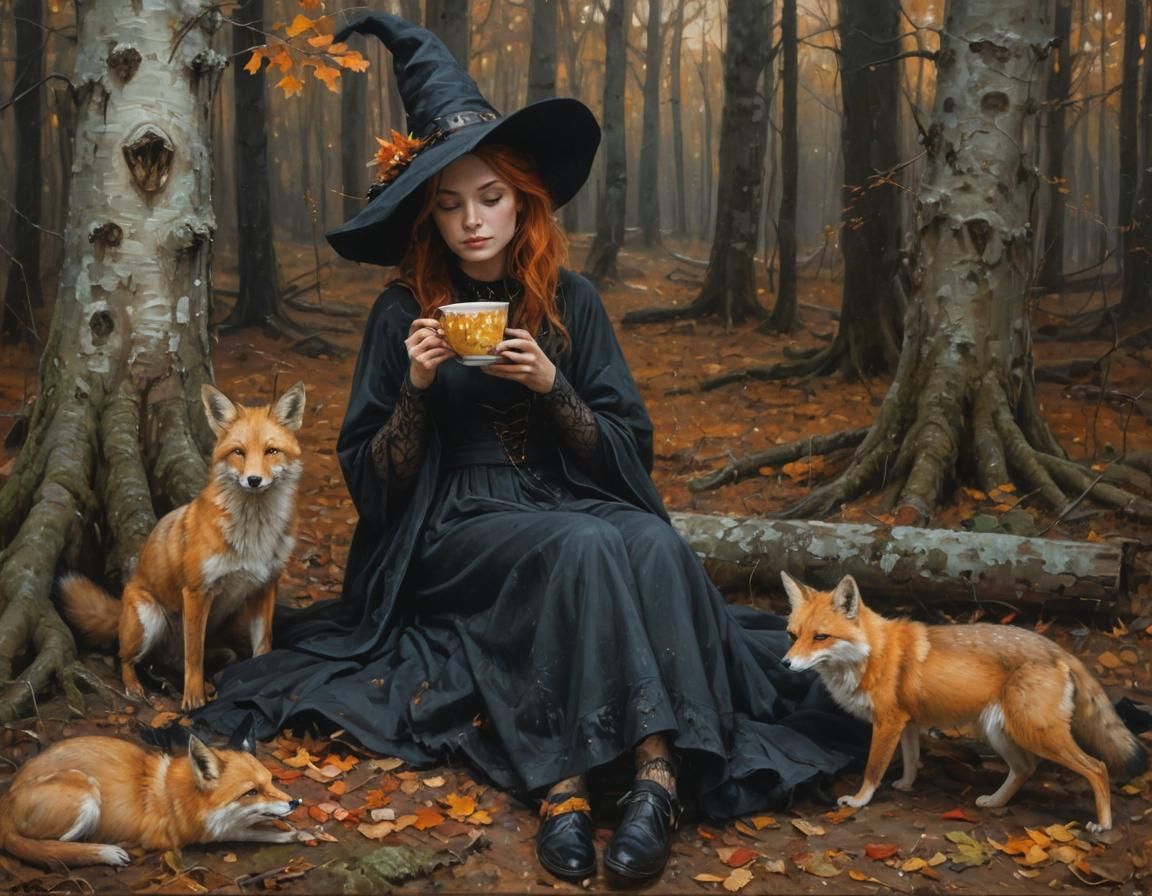 Autumn Witch Portrait in Oil Painting Style