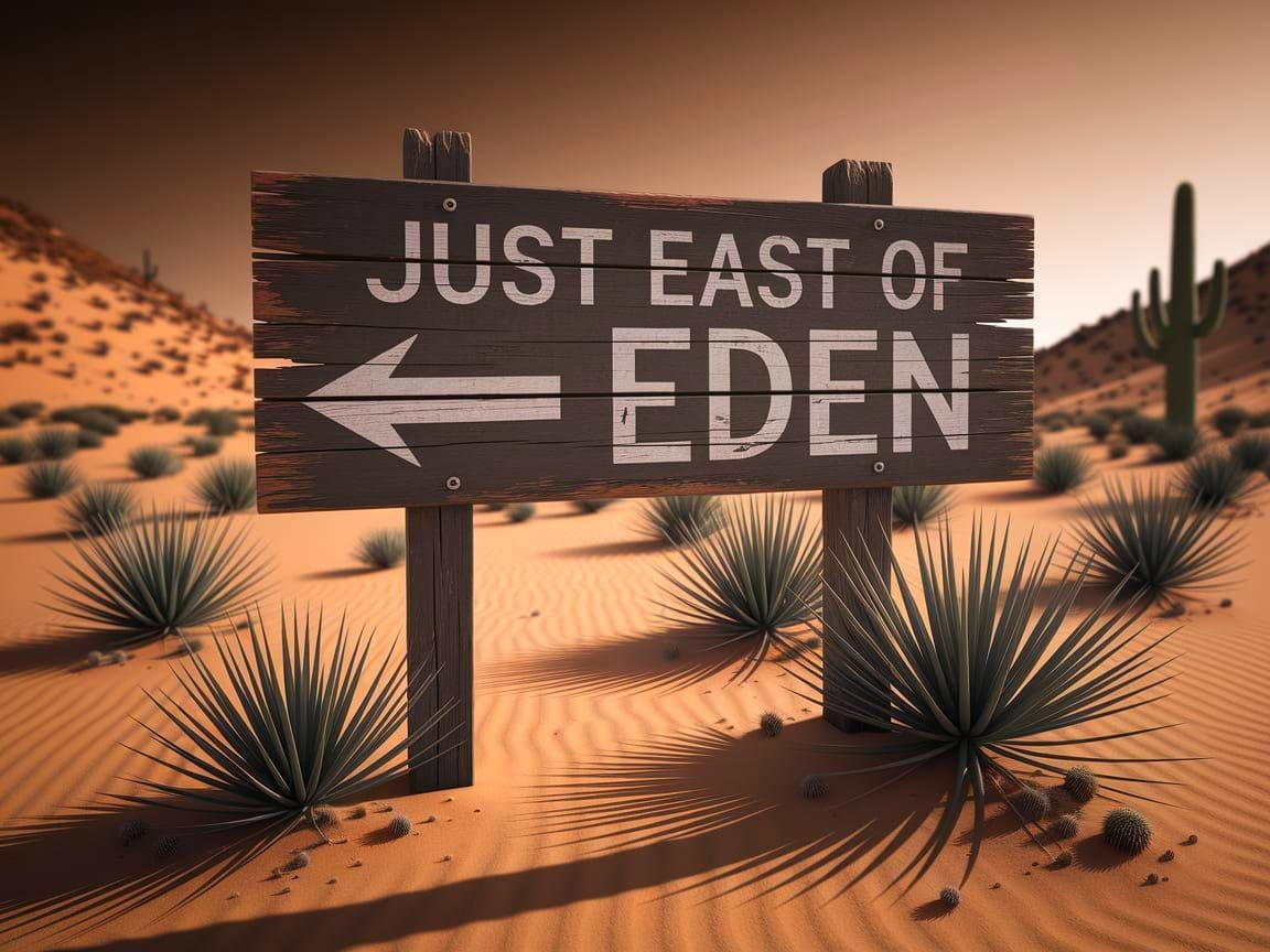 East of Eden Sign in Desert Landscape