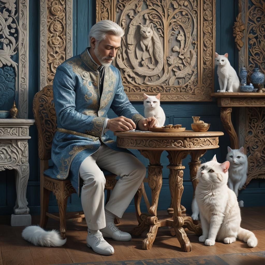 Man Petting Cat in Fantasy Matte Painting