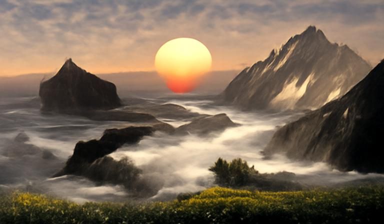 Golden Sunrise Over Tropical Seascape, Digital Art