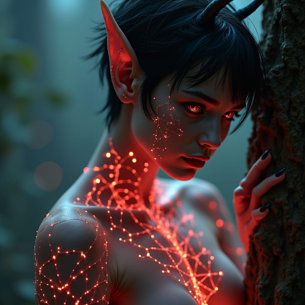 Ethereal Elf with Bioluminescent Tattoos