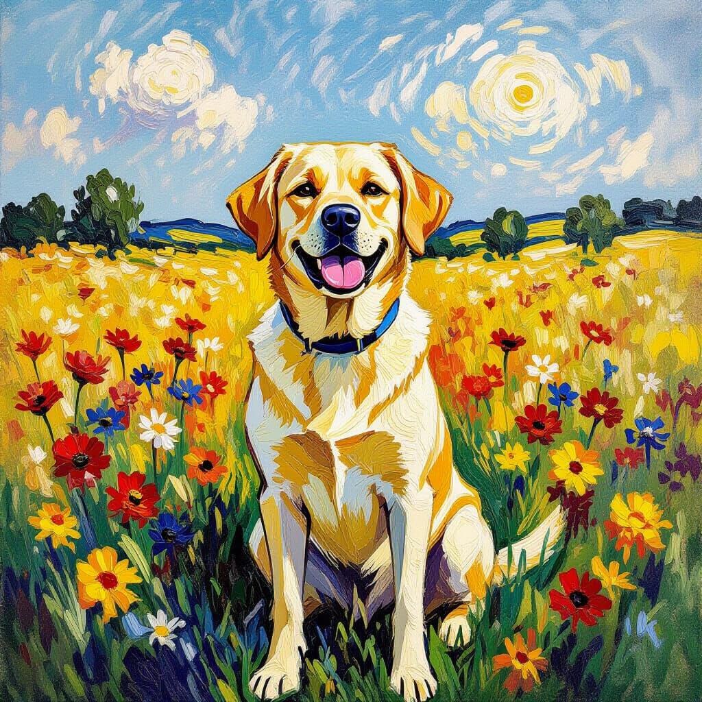 Yellow Labrador in Field, Van Gogh Style