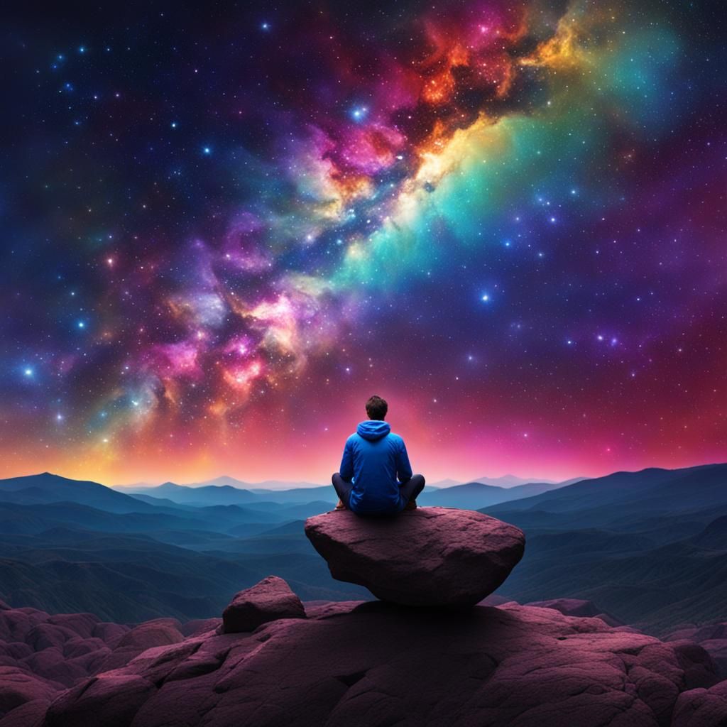Person Contemplates Colorful Galaxy From Rocky Ledge