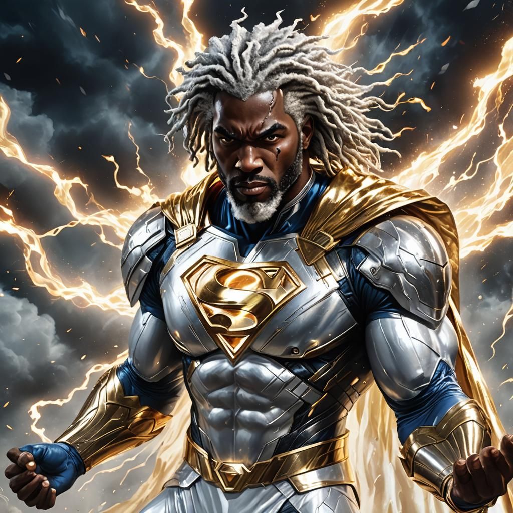 Hyperrealistic Black Superman with Electric Powers