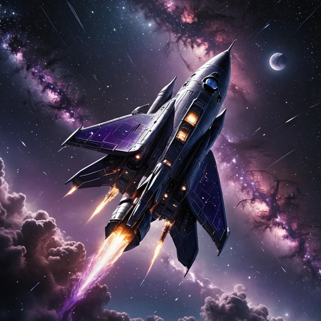 Silver Rocketship Soaring Through Starfield, Sci-Fi Illustra...