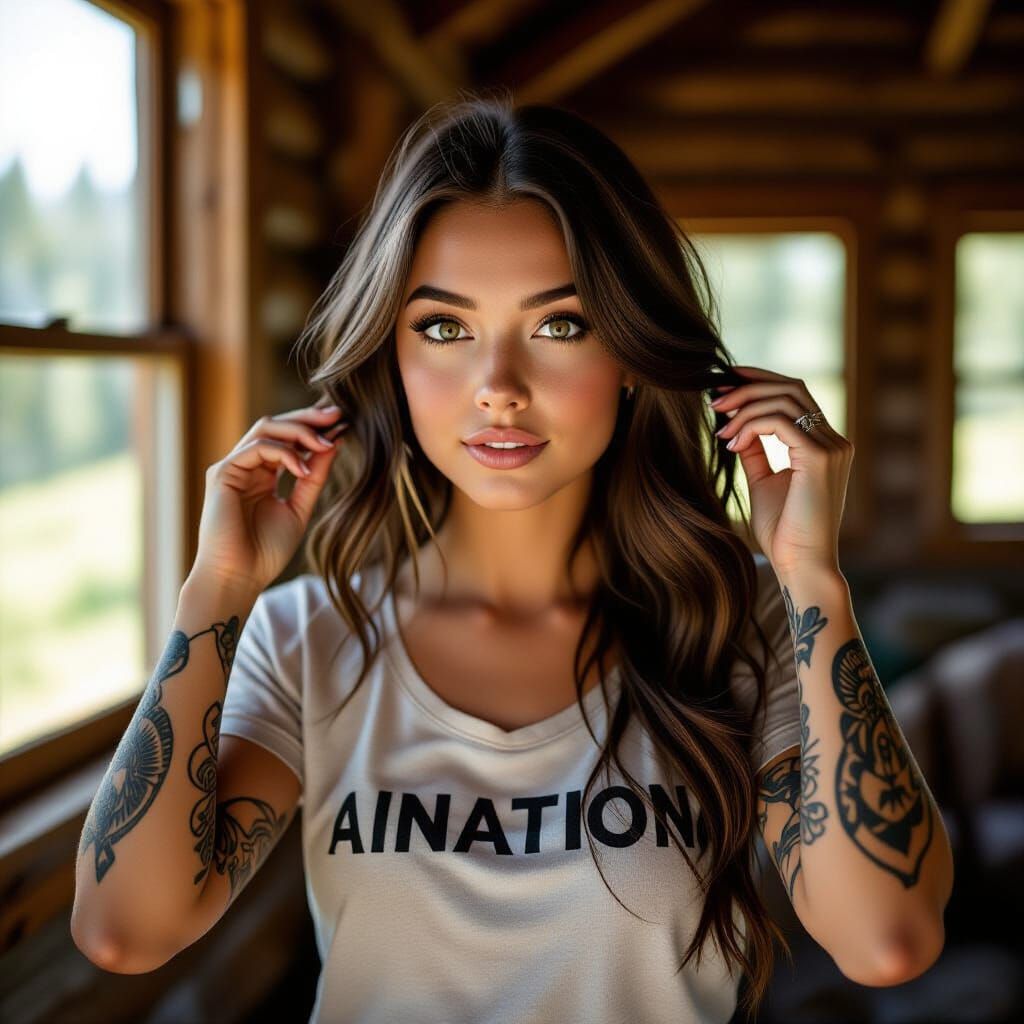Young Woman with Tattoos in Rustic Cabin
