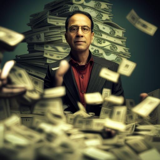 Retro Harshad Mehta with Dollar Bills and Financial Collapse