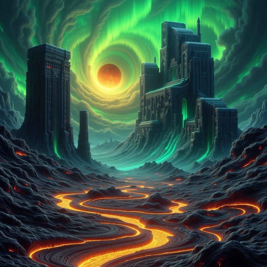 Surreal Desert Monoliths Under Jade Aurora