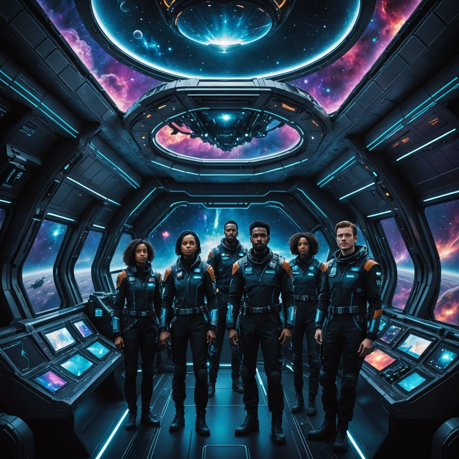 Starship Explorers Charting Bioluminescent Nebula