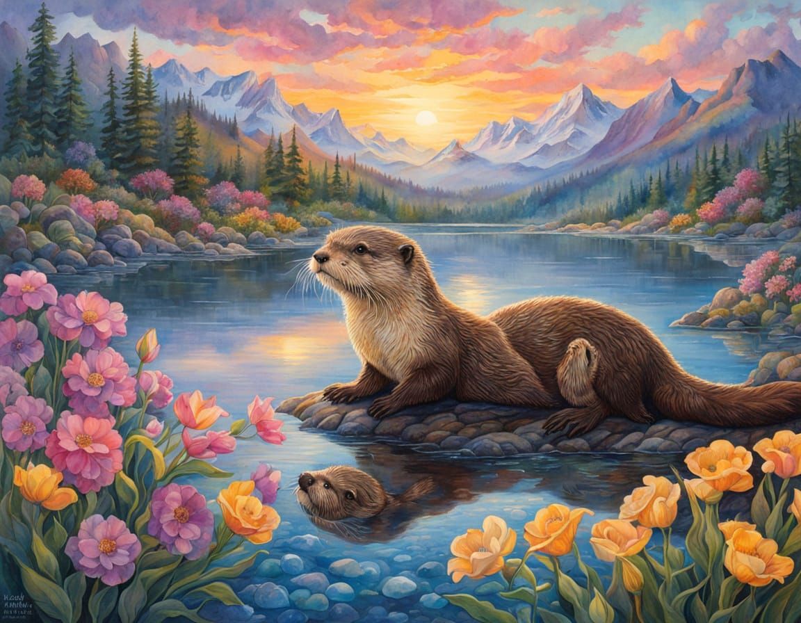 Spring Otters Play in River at Sunrise, Watercolor Style