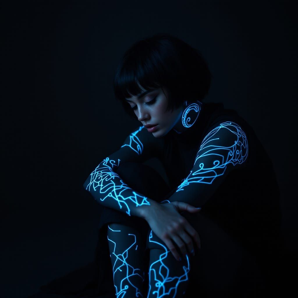 Cyberpunk Portrait of Woman with Glowing Blue Tribal Marking...