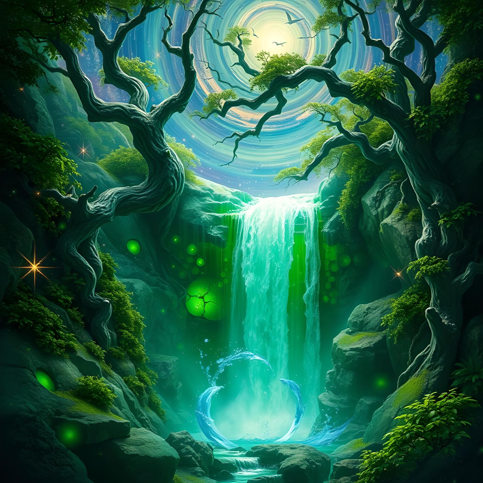 Emerald Geode Waterfall in Astral Illustration Style