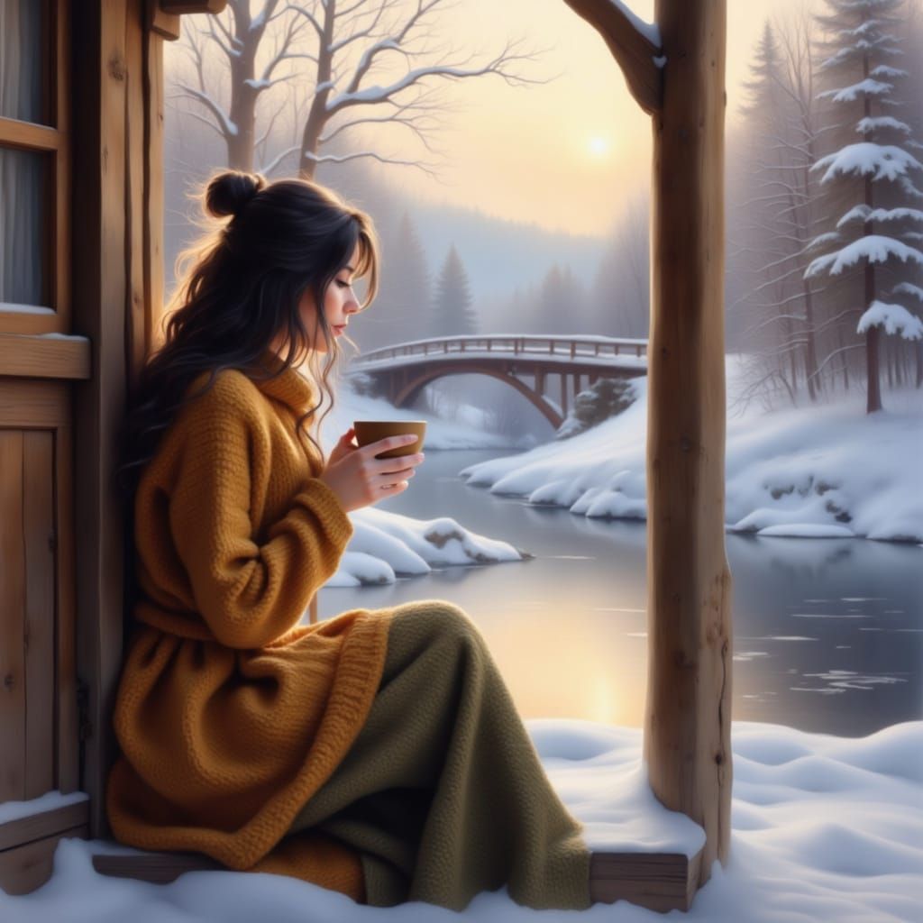 Dreamy Woman Drinking Coffee by River in Winter Landscape
