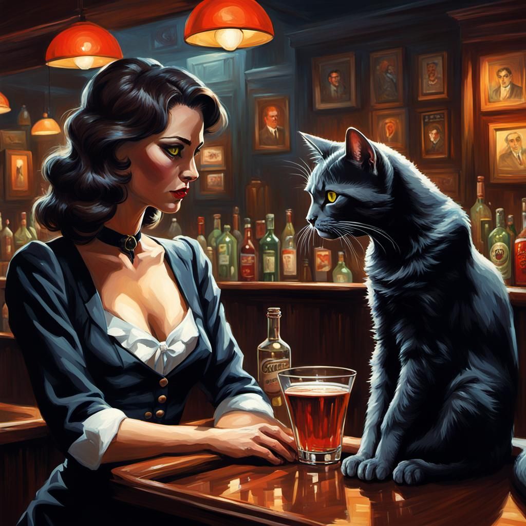 Cat Bartender Comforts Woman: Dark Fantasy Illustration