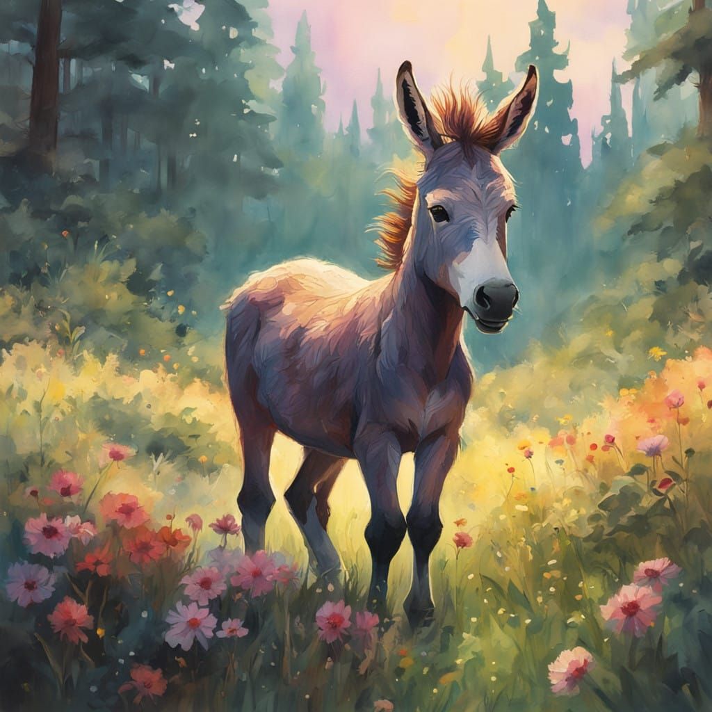 Vibrant Watercolor Whimsy: Frolicking Donkey Foal in Sunlit...