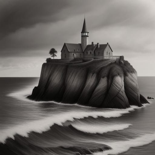 Dramatic Seaside Village Charcoal Masterpiece