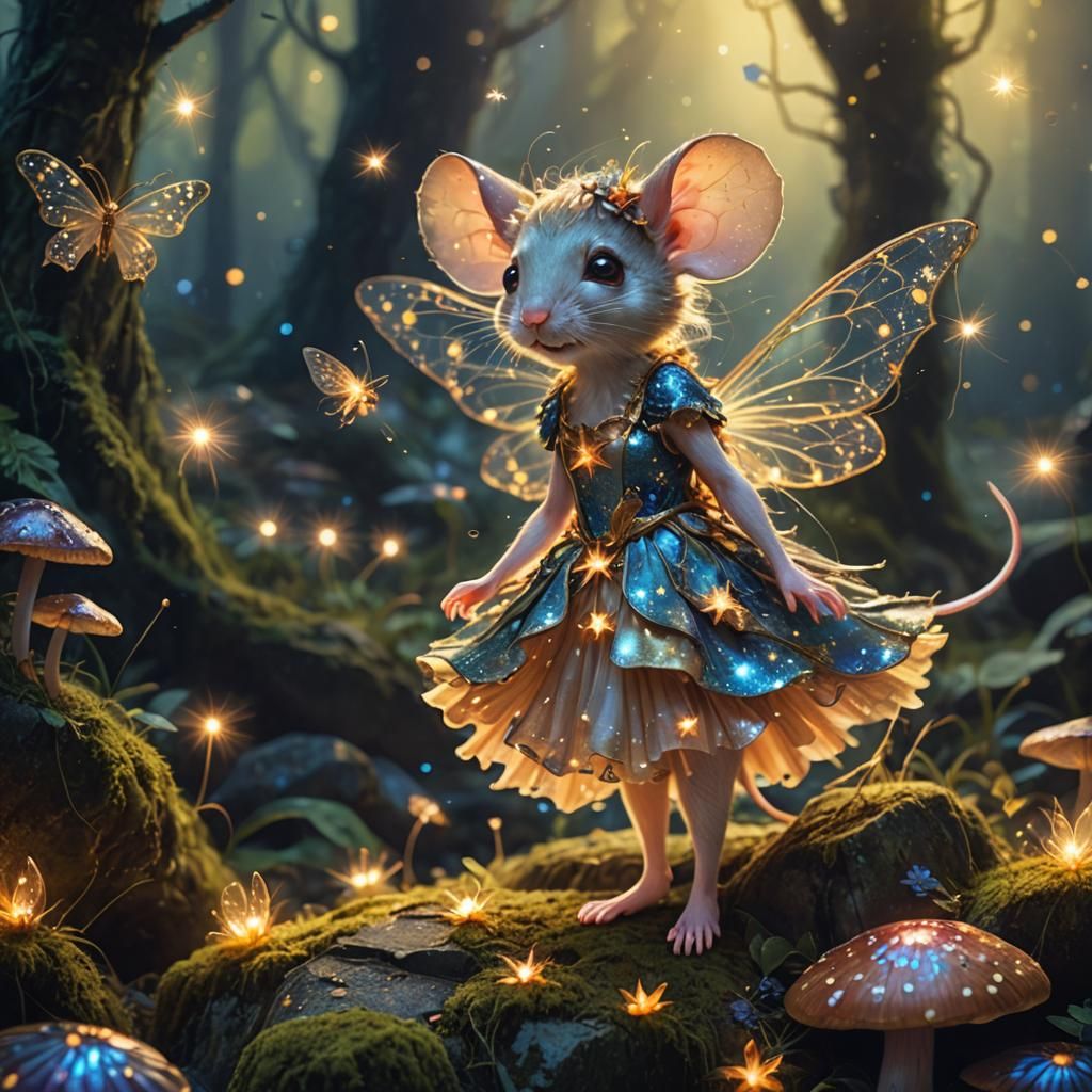 Mouse Fairy in Star Dress with Fireflies