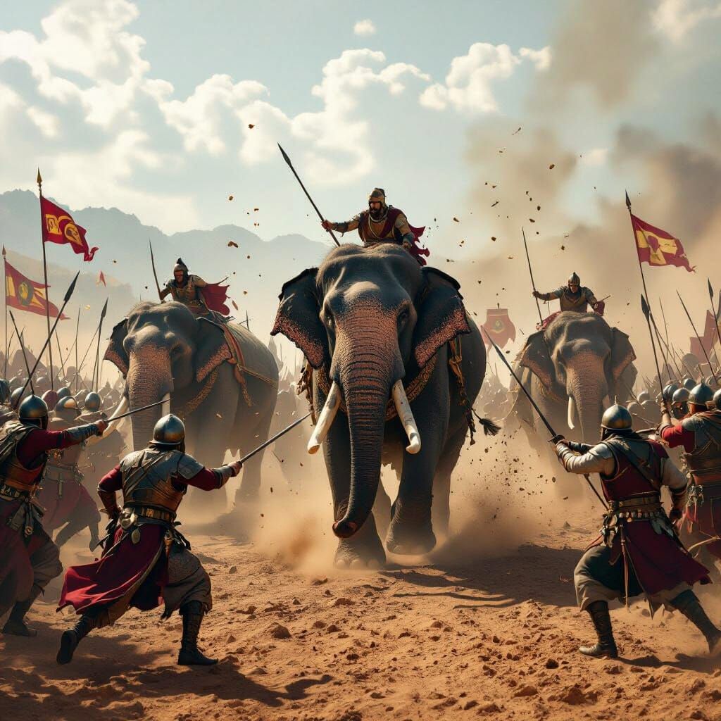 War Elephants Charge Enemy Lines in Cinematic Battle Scene