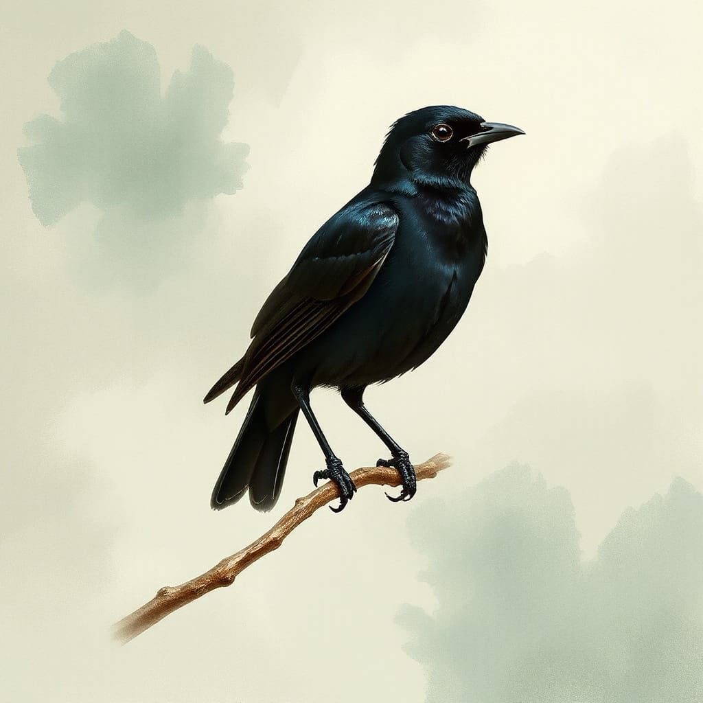 Ethereal Blackbird in Whimsical Landscape