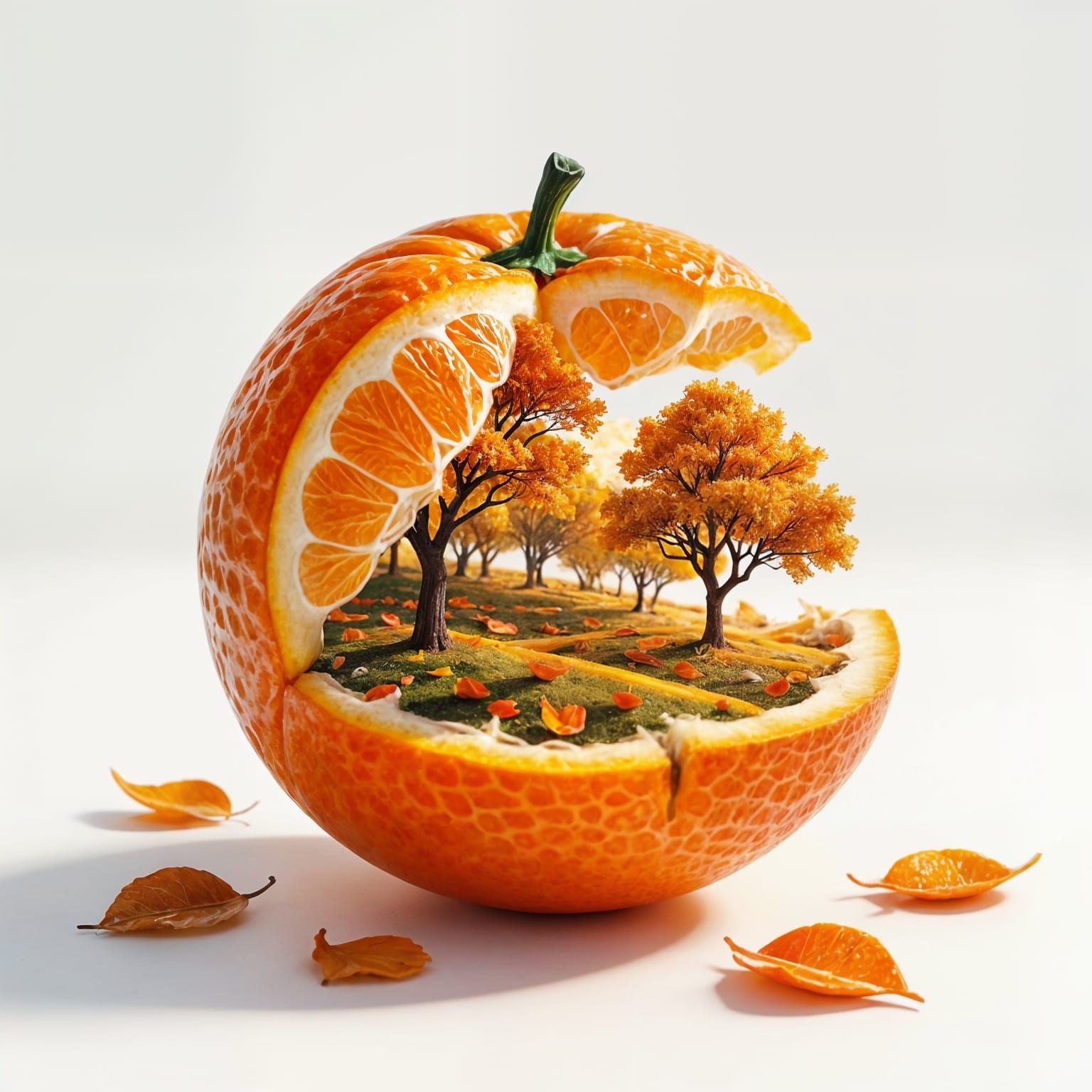Surreal Autumn Grove Emerges from Peeled Mandarin