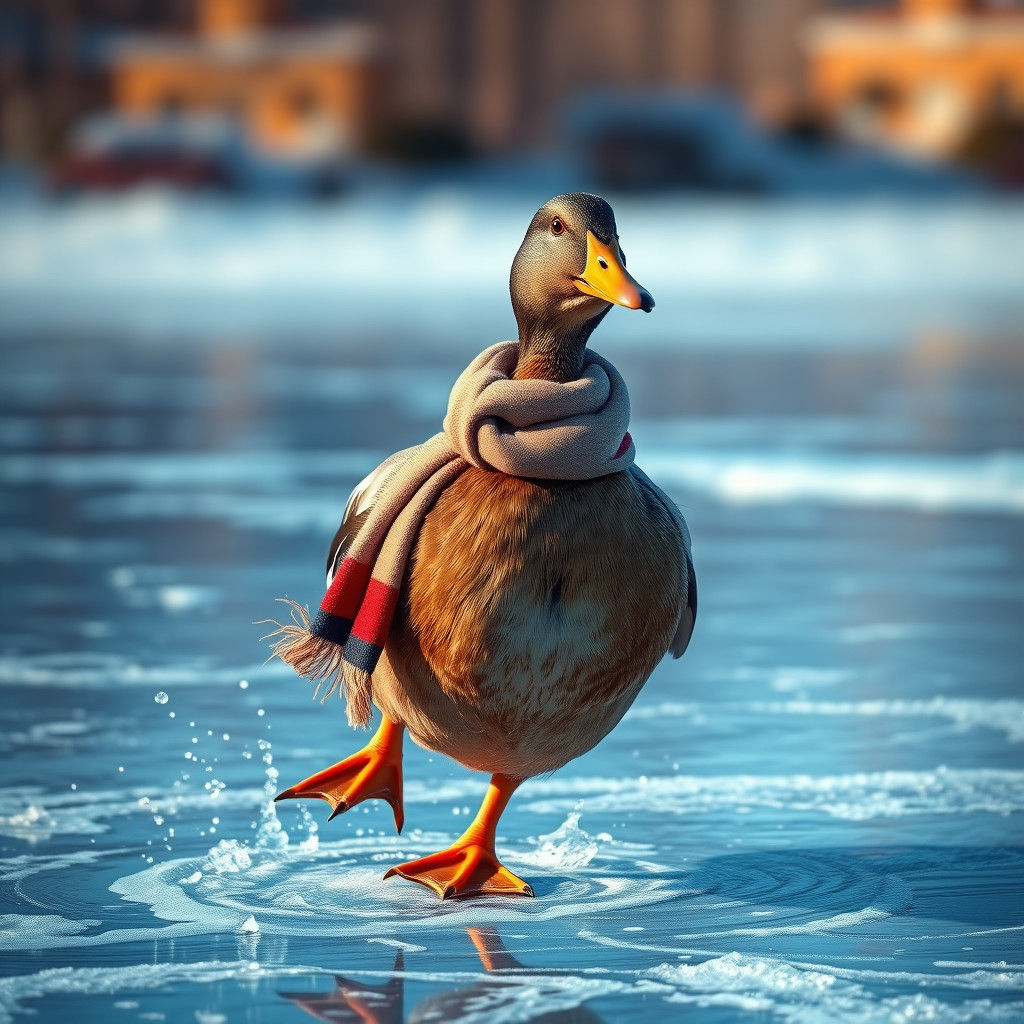 Duck Ice Skating on Frozen Pond in Hyperrealistic Style