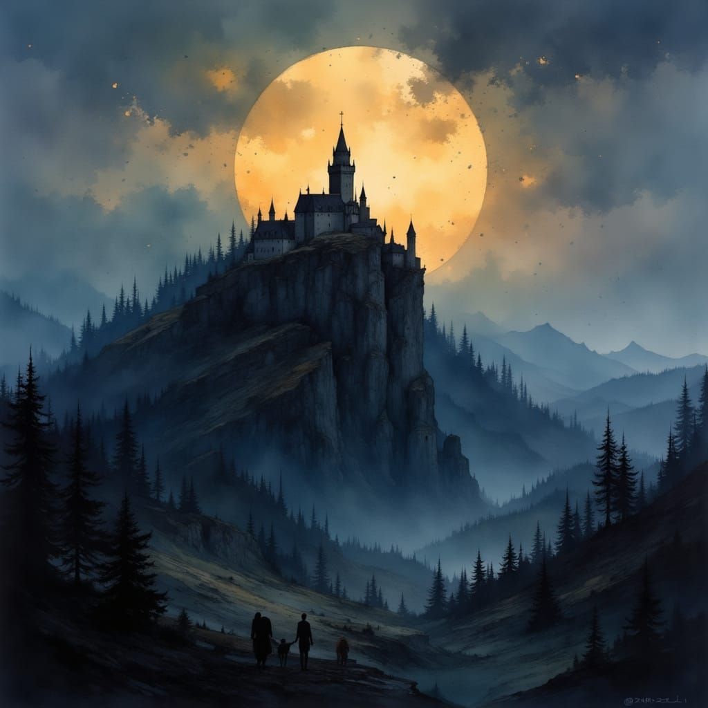 Noble Castle on Hilltop, Light in Dark Landscape