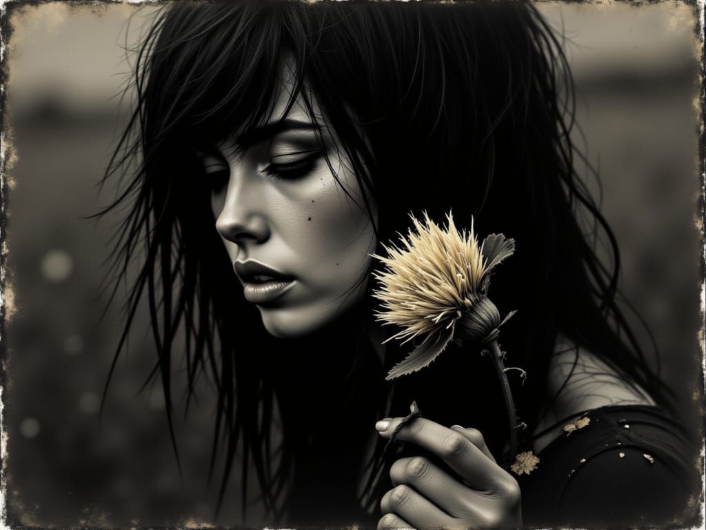 Shadowed Woman with Flower in War Zone