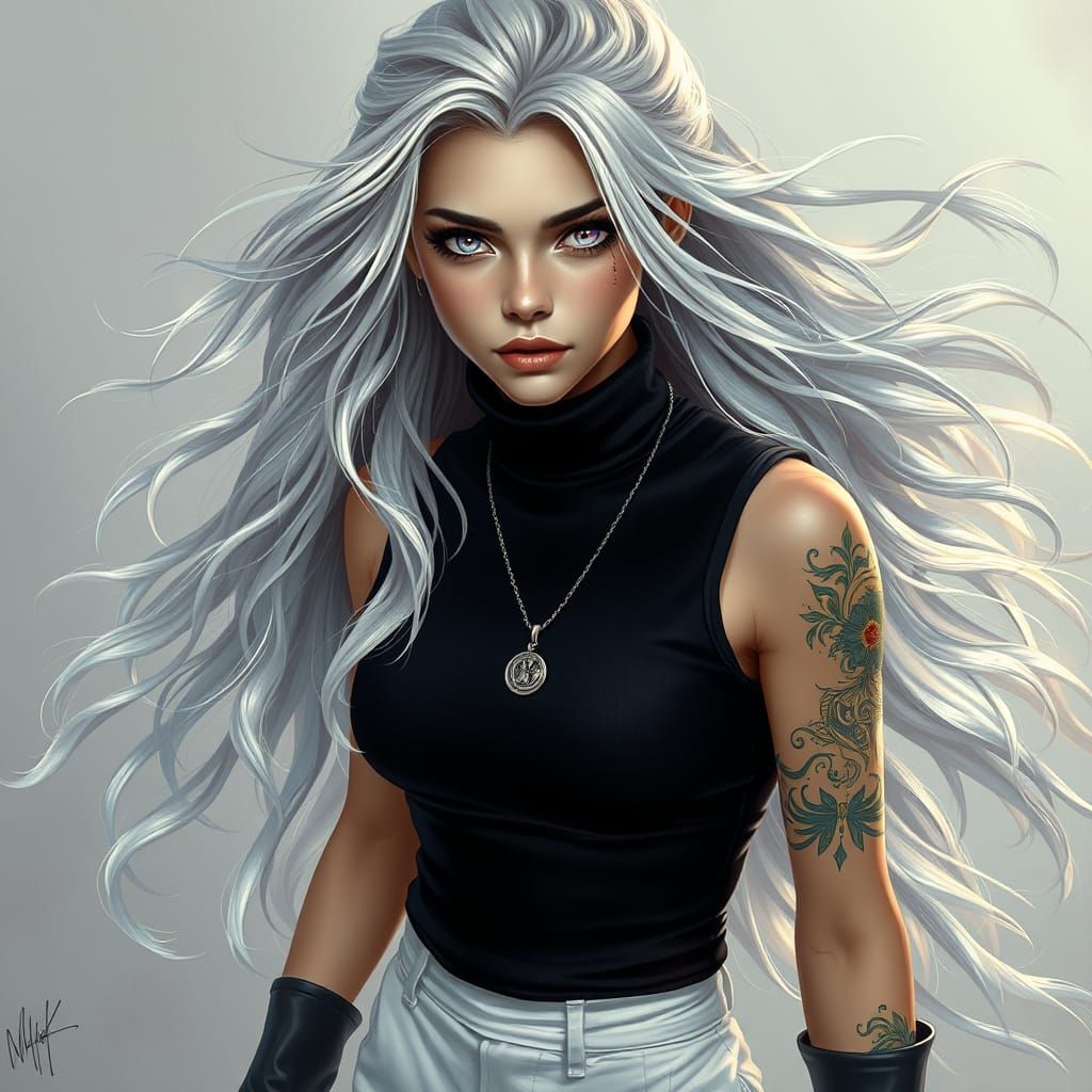 Ethereal Goddess with Iridescent Hair and Piercing Grey Eyes