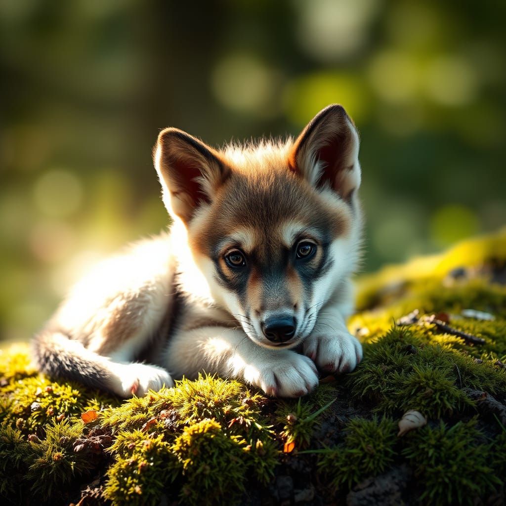 Tiny Wolf Pup Rests on Moss in Magical Sunlight