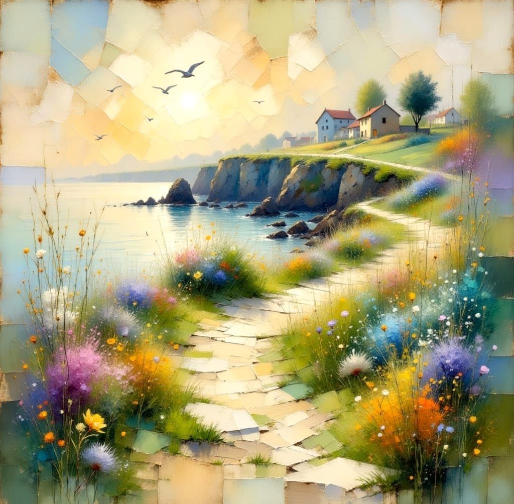 Dreamy Coastal Bay at Sunset in Impressionist Style