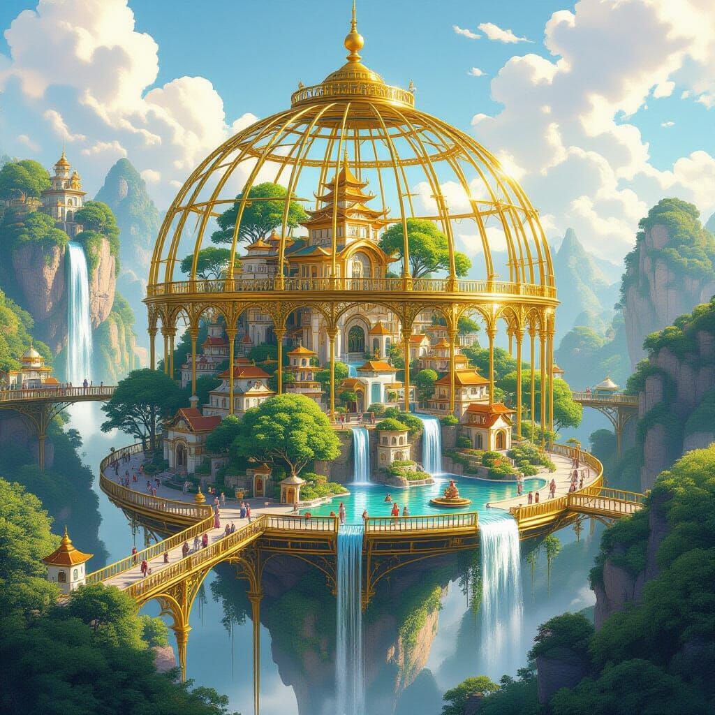 Whimsical Birdcage City with Golden Platforms and Waterfalls