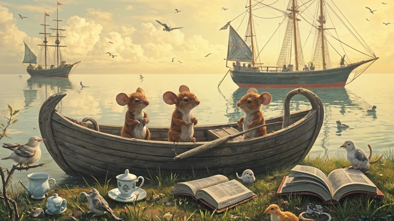 Whimsical Scene of Abandoned Boats and Mice