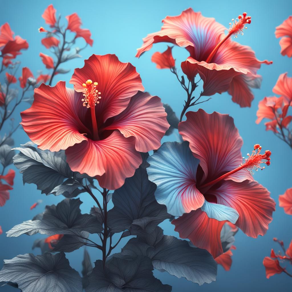 Hibiscus Flowers in Deep Color Fantasy Art