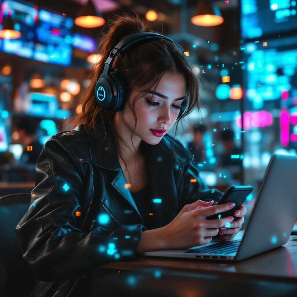 Cyberpunk Woman Uses VPN in Futuristic Coffee Shop