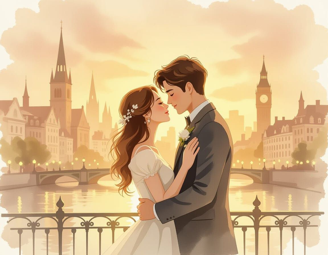 Lovers Embrace in Cityscape Watercolour