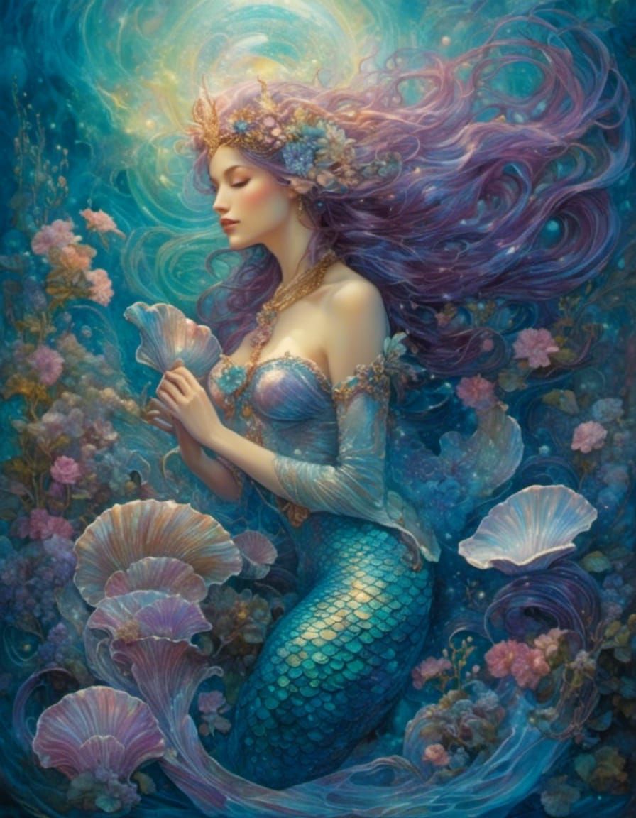 Vibrant Mermaid Gazing into Shell at Twilight