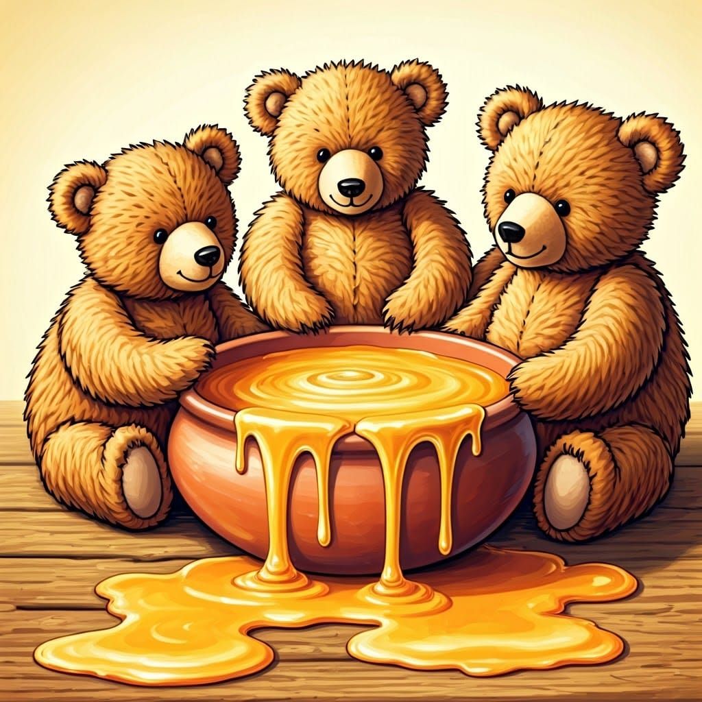 Teddy Bears' Honey Feast in Folk Art Style