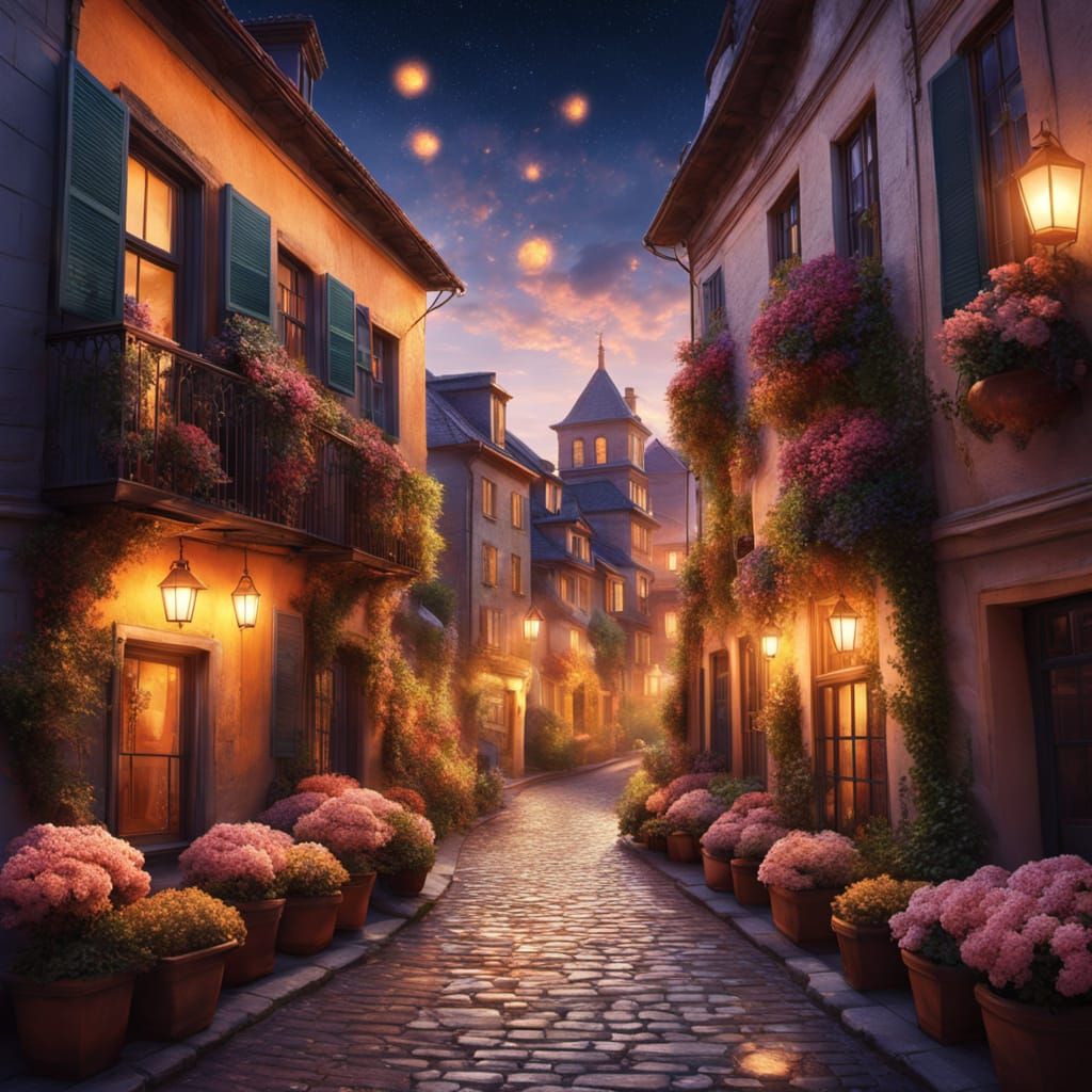 Enchanting Urban Fantasy Scene with Rooftop Gardens