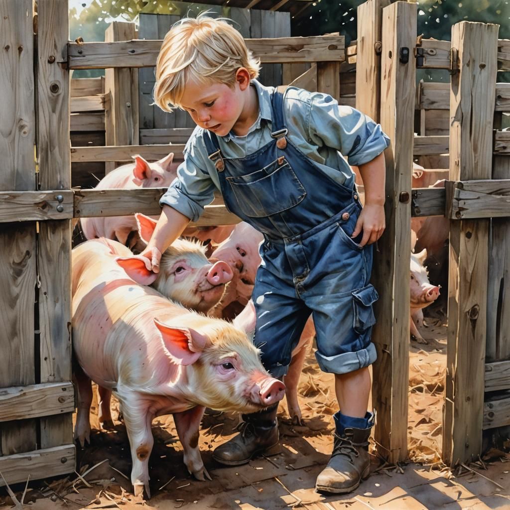Blond Boy Opens Pig Pen Gate in Watercolor