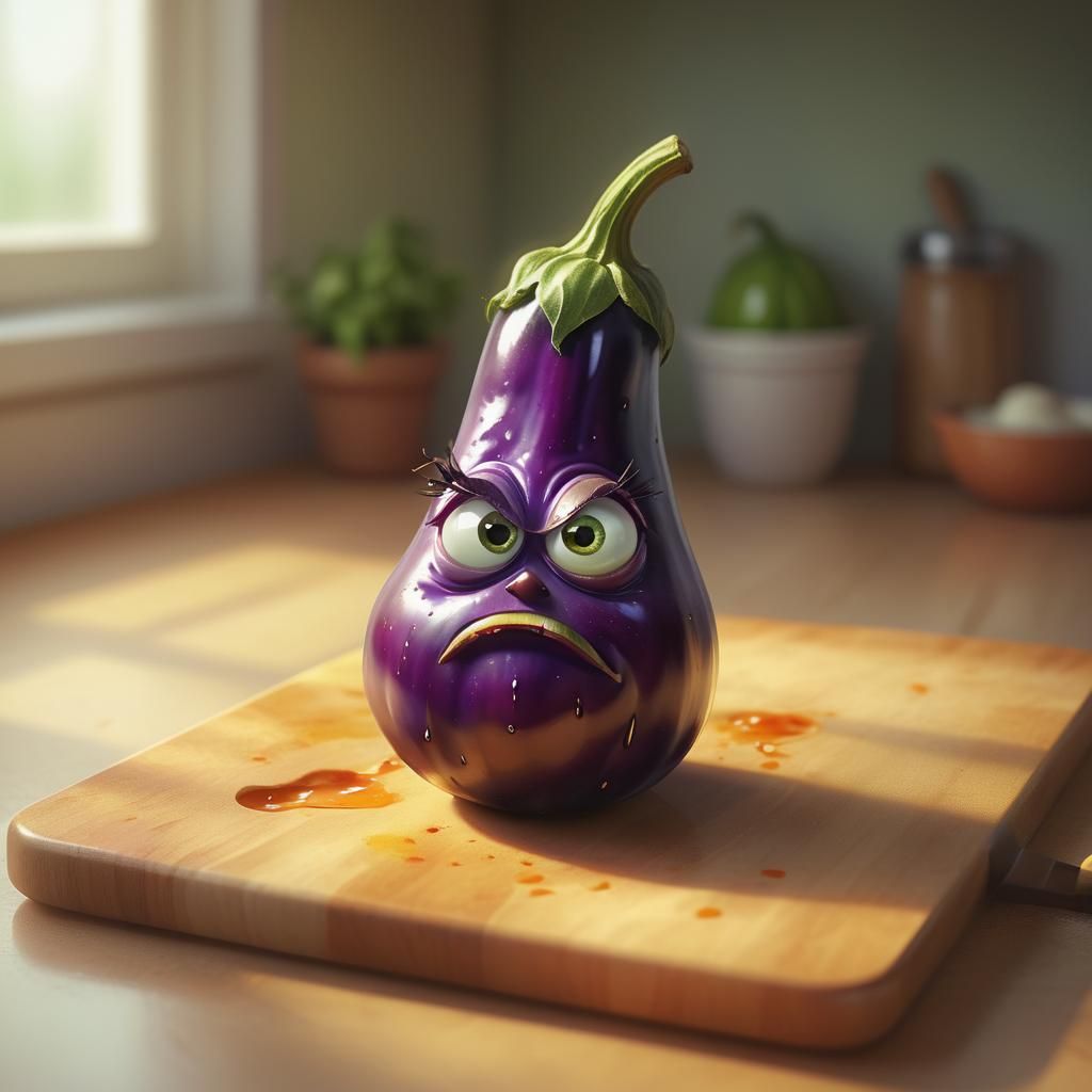 Angry Eggplant on Cutting Board: Pixar-Inspired Art