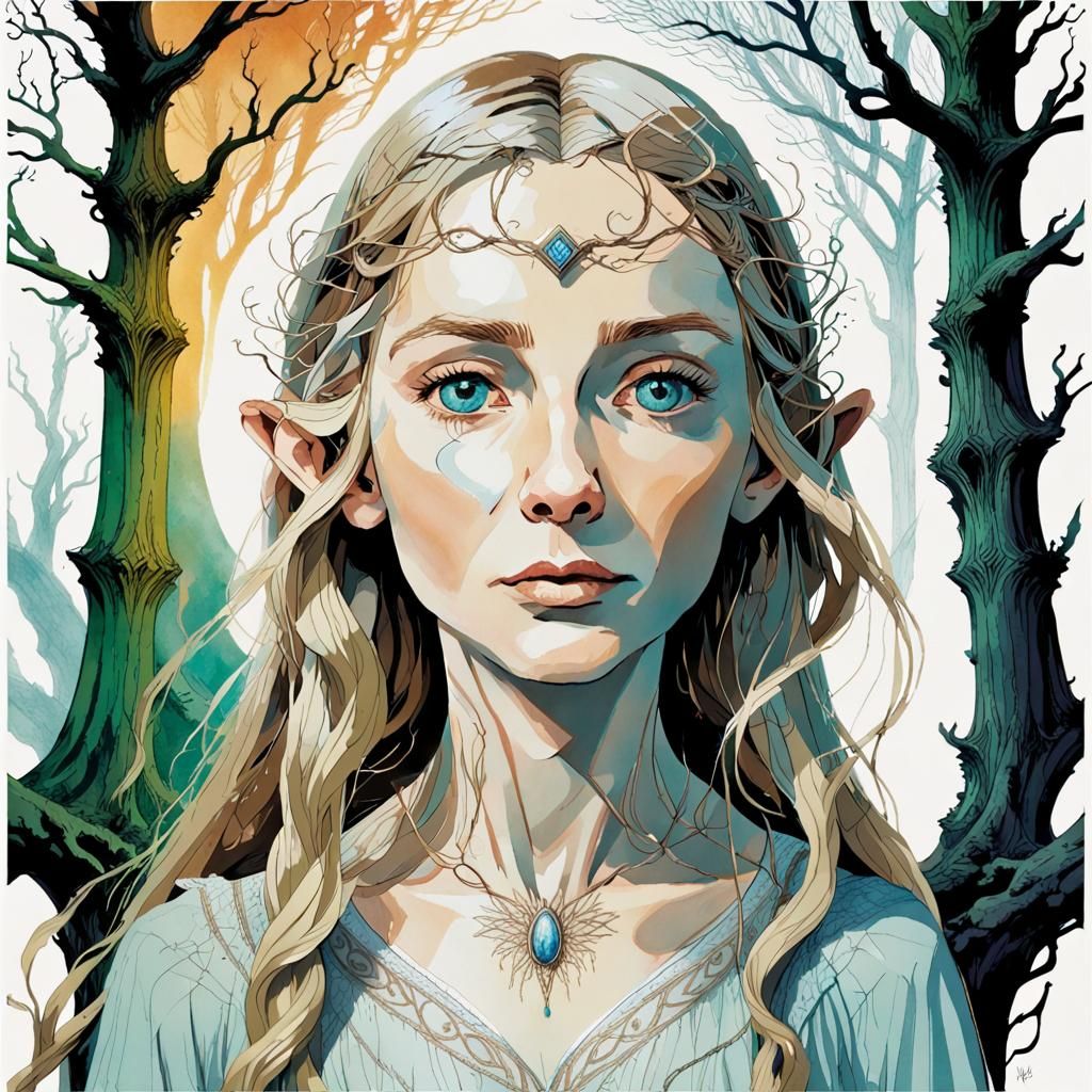 (portrait in border drawing:1.5) of a beautiful Lord of the rings Galadriel, entangled with a hyperdetailed (beyond the ...