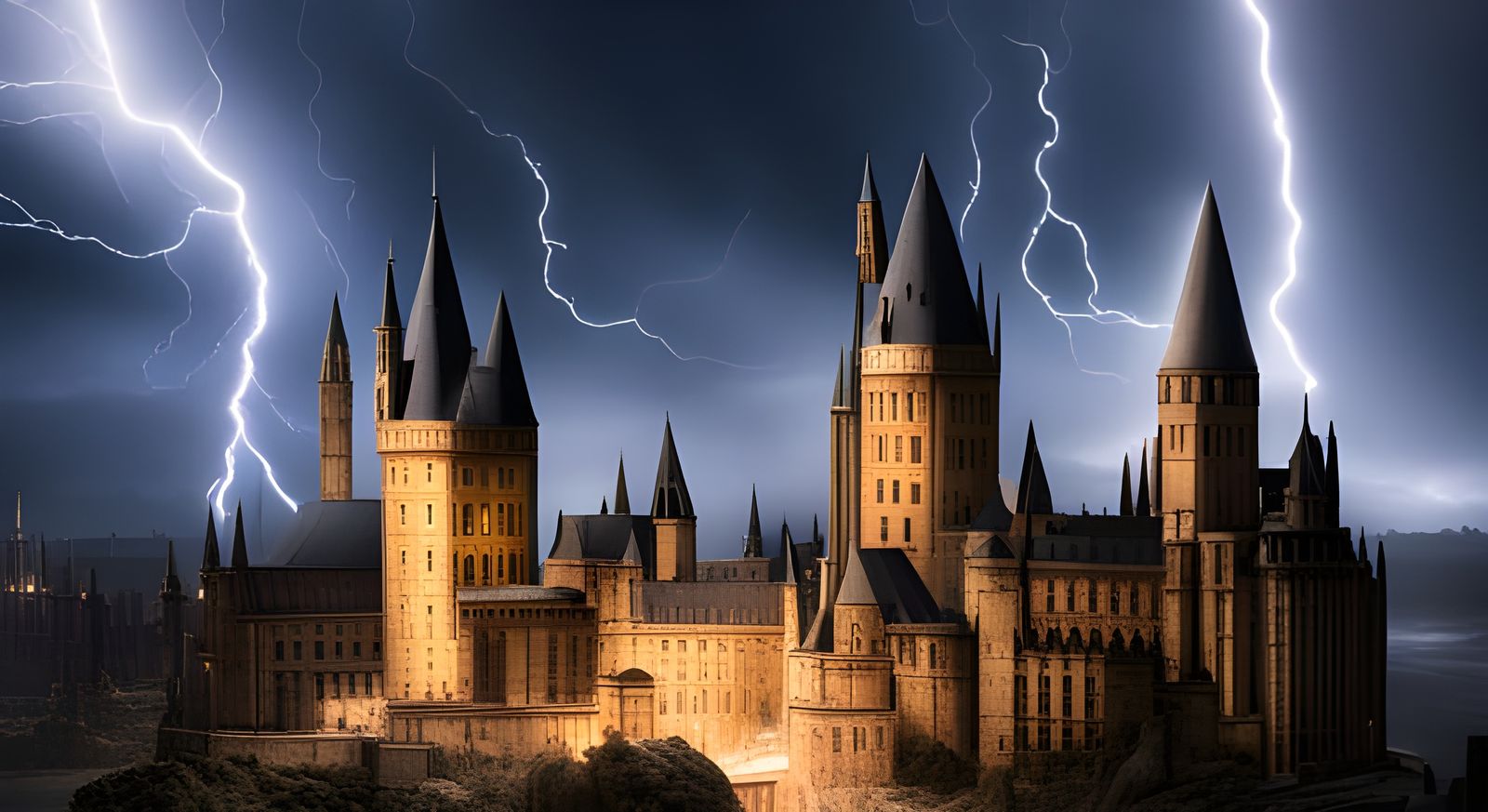Hogwarts in Severe Lightning Storm at Night