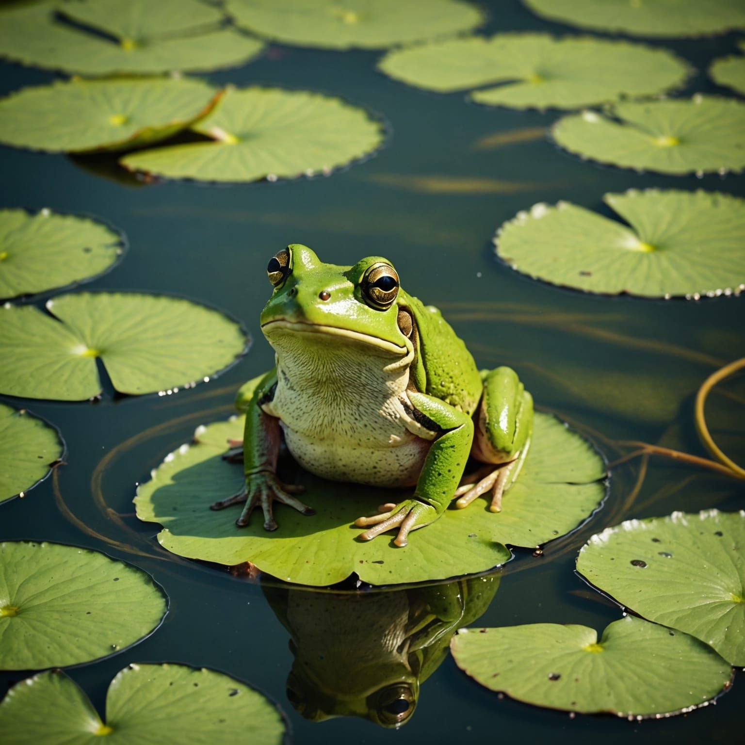 Green Frog on Lily Pad in Vintage Style