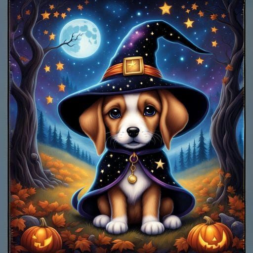 Puppy Witch Costume in Cosmic Night Sky